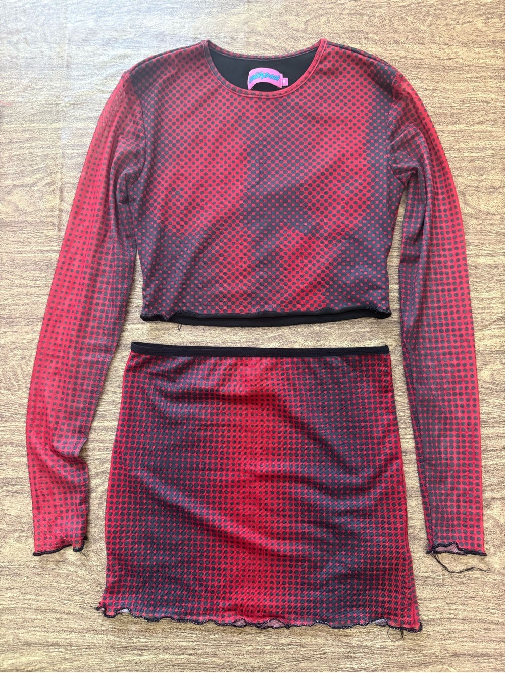 Edikted Red and Black Dot Mesh Two-Piece Skirt Set